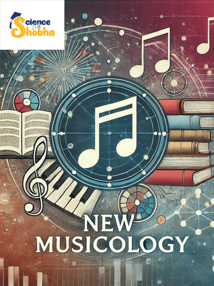 A modern and stylish image representing New Musicology with musical notes, academic books, and digital symbols, signifying the interdisciplinary approaches in music studies.